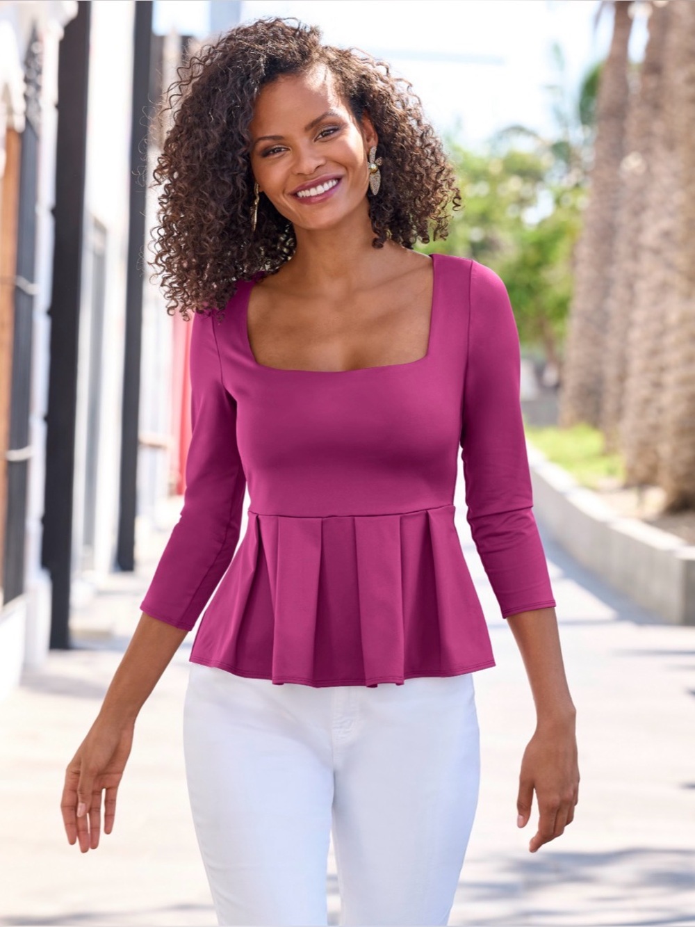 Boston Proper So Modern Peplum Pleated Knit Top. Fuschia XL